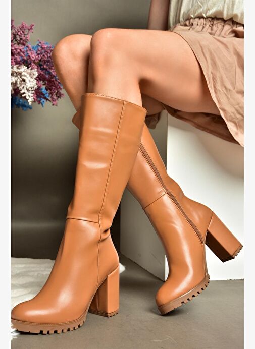 R518911409 Taba Kalın Topuklu Kadın Çizme - Görsel 5