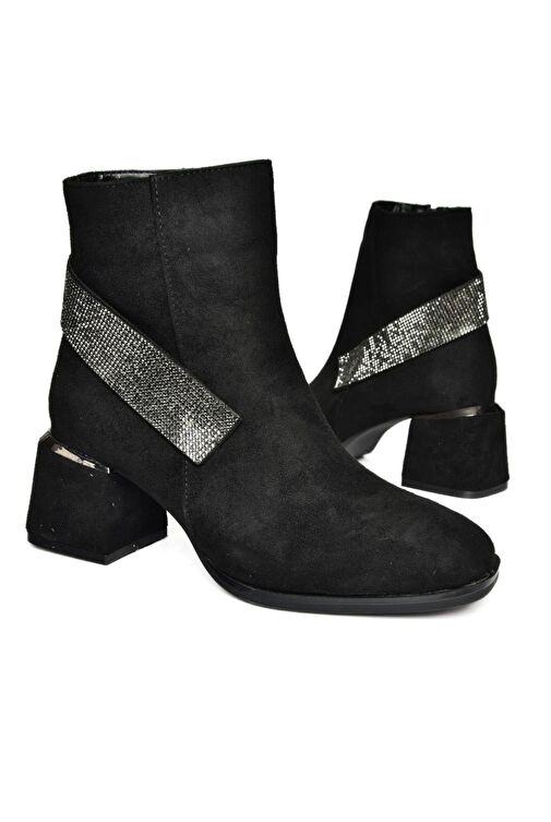 R241442202 Siyah Süet Taş Aksesuarlı Kalın Topuklu Kadın Bot - Görsel 7