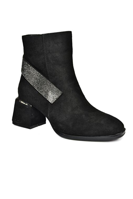 R241442202 Siyah Süet Taş Aksesuarlı Kalın Topuklu Kadın Bot - Görsel 9