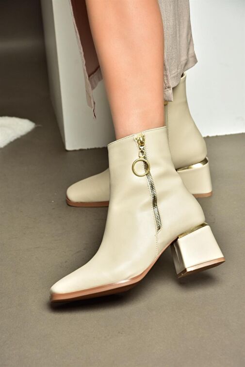 R524500309 Bej Kalın Topuklu Kadın Bot - Görsel 4