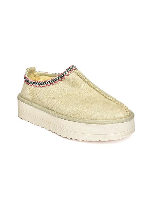 R612047302 Bej Süet İçi Tüylü Kalın Tabanlı Kadın Terlik - Görsel 6