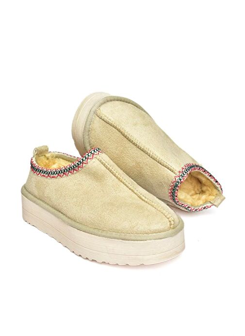 R612047302 Bej Süet İçi Tüylü Kalın Tabanlı Kadın Terlik - Görsel 8