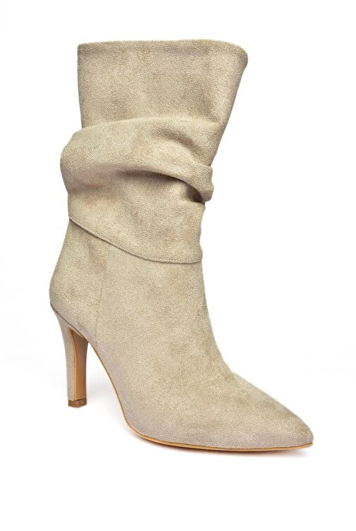 R404020302 Bej Süet İnce Topuklu Büzgülü Kadın Bot - Görsel 2