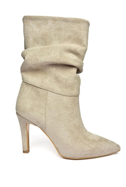 R404020302 Bej Süet İnce Topuklu Büzgülü Kadın Bot - Görsel 8