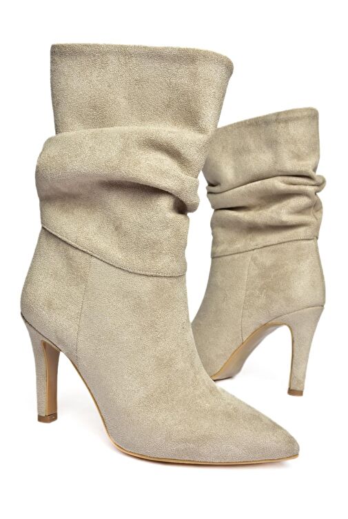 R404020302 Bej Süet İnce Topuklu Büzgülü Kadın Bot - Görsel 3