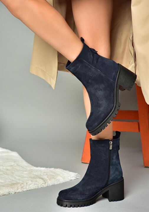 R654006502 Lacivert Hakiki Deri Süet Kalın Topuklu Kadın Bot - Görsel 2