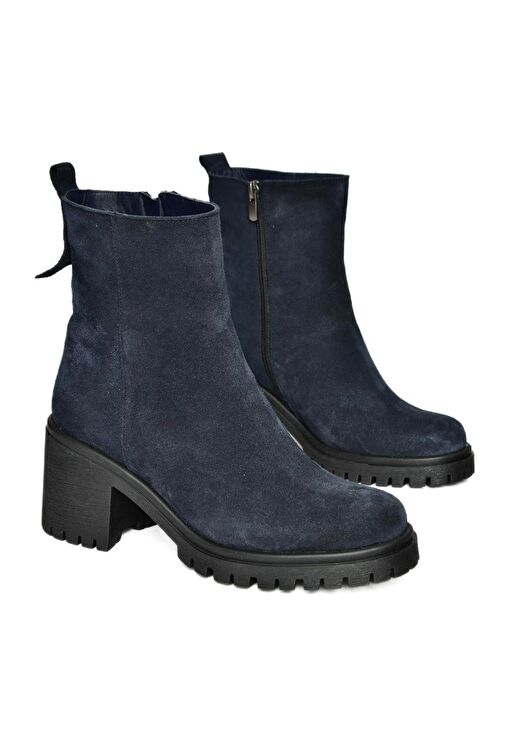 R654006502 Lacivert Hakiki Deri Süet Kalın Topuklu Kadın Bot - Görsel 6