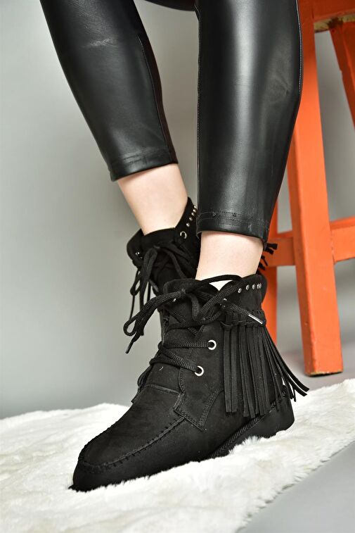 R973530502 Siyah Süet Püsküllü Kadın Bot - Görsel 6