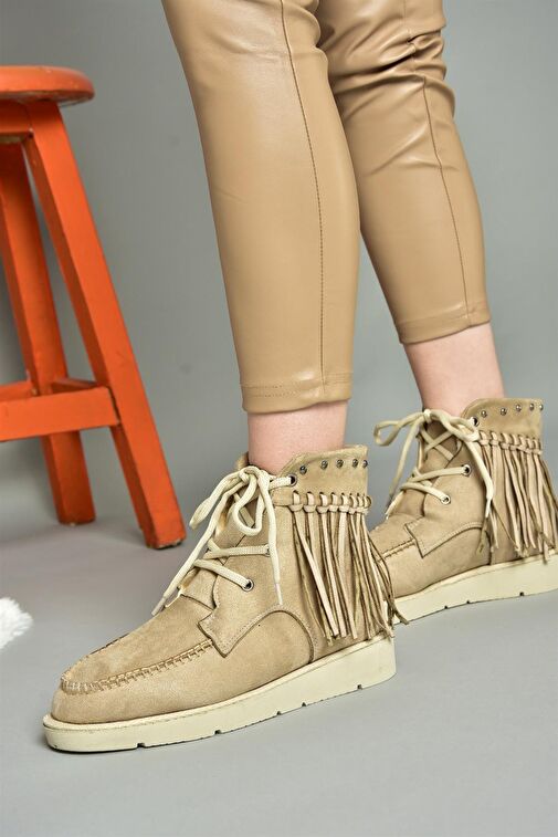 R973530502 Bej Süet Püsküllü Kadın Bot - Görsel 2