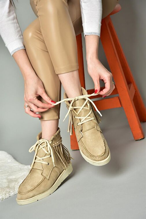 R973530502 Bej Süet Püsküllü Kadın Bot - Görsel 3