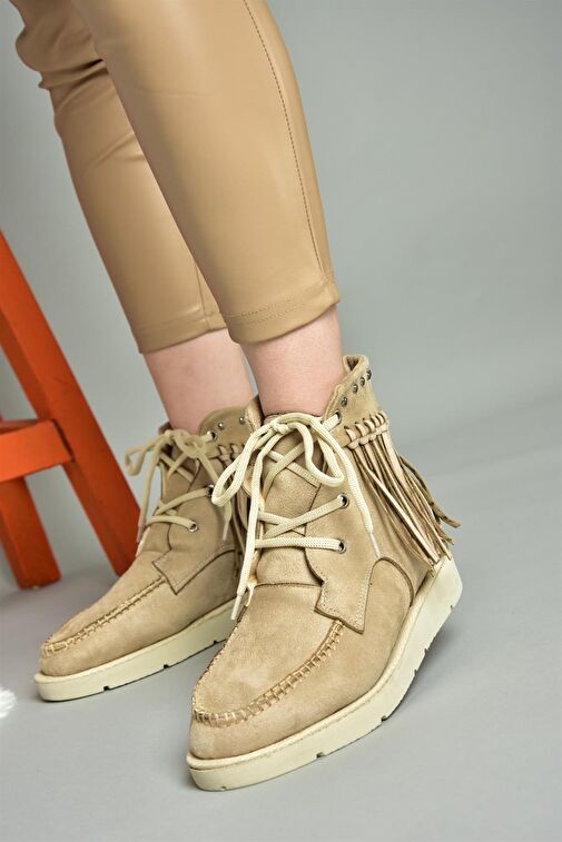 R973530502 Bej Süet Püsküllü Kadın Bot - Görsel 4