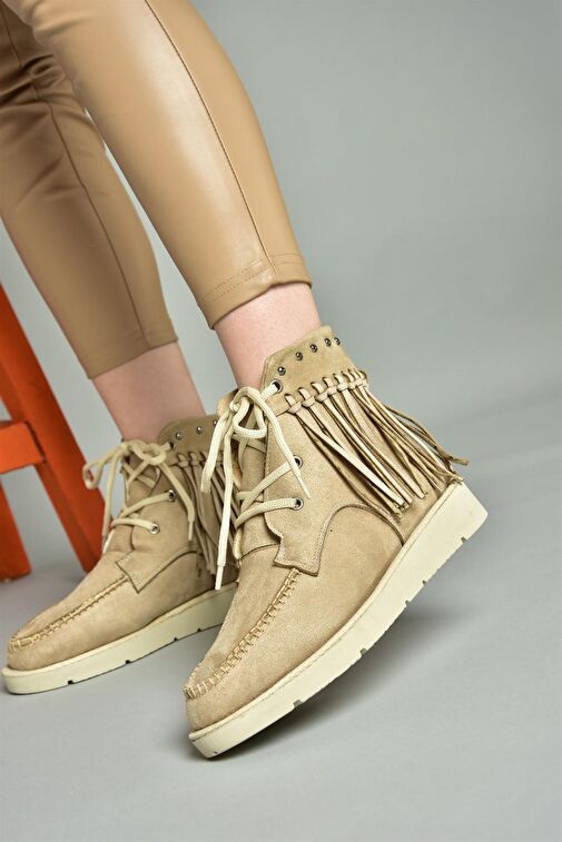 R973530502 Bej Süet Püsküllü Kadın Bot - Görsel 6