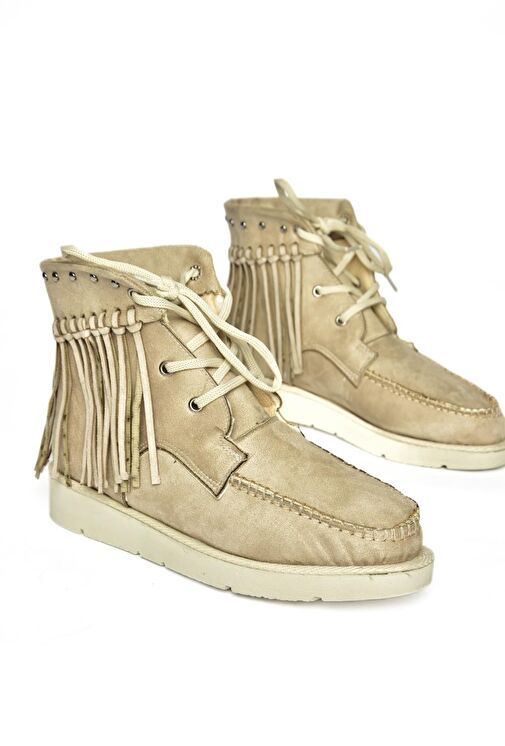 R973530502 Bej Süet Püsküllü Kadın Bot - Görsel 7