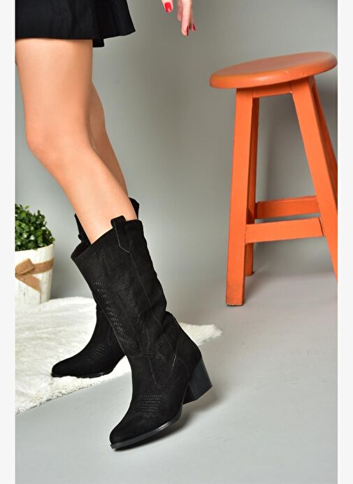 R973934002 Siyah Süet Alçak Topuklu Kadın Çizme - Görsel 2