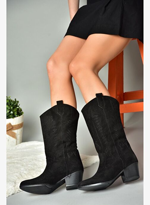 R973934002 Siyah Süet Alçak Topuklu Kadın Çizme - Görsel 4