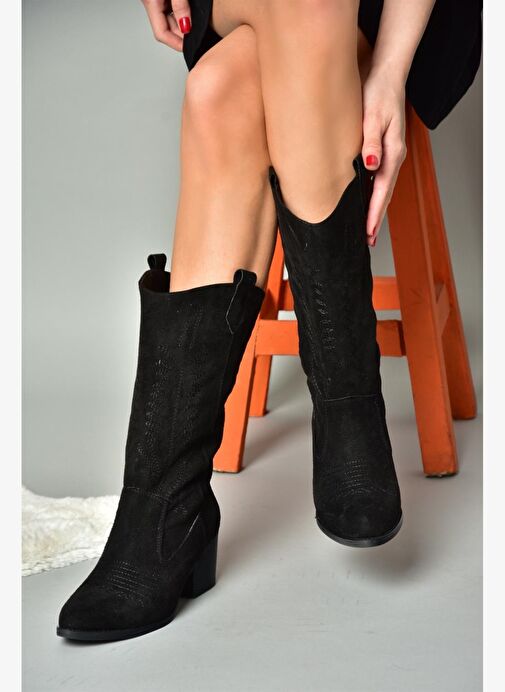 R973934002 Siyah Süet Alçak Topuklu Kadın Çizme - Görsel 7