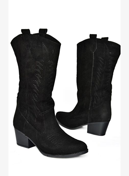 R973934002 Siyah Süet Alçak Topuklu Kadın Çizme - Görsel 8