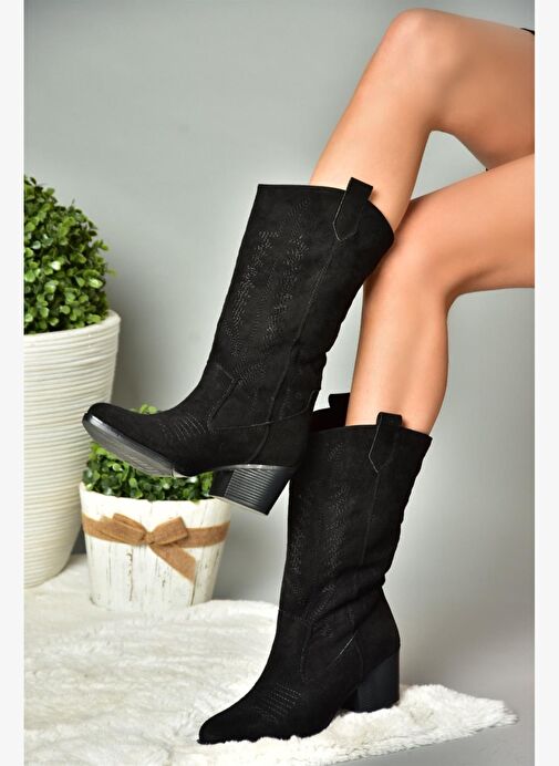 R973934002 Siyah Süet Alçak Topuklu Kadın Çizme - Görsel 3
