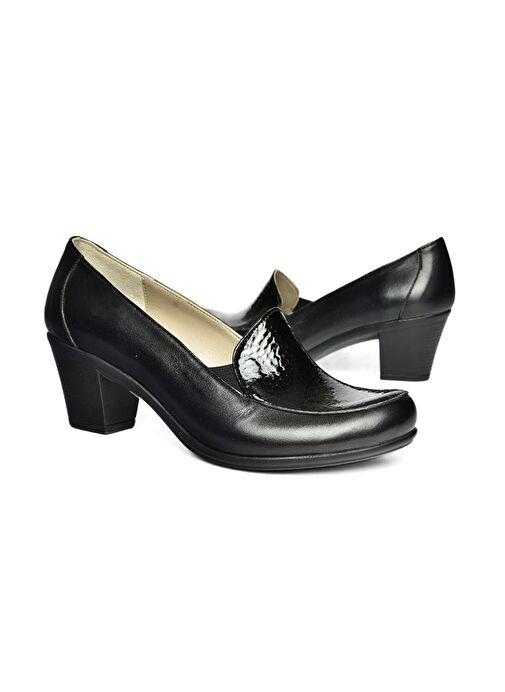 R908020603 Siyah Hakiki Deri Kalın Topuklu Kadın Ayakkabı - Görsel 4