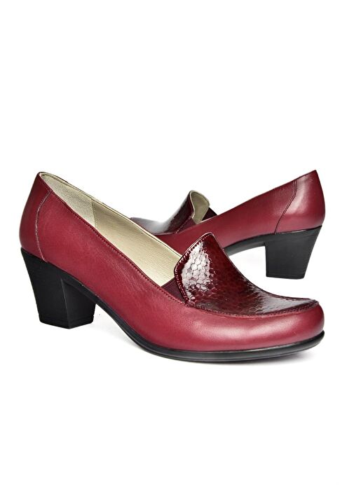 R908020603 Bordo Hakiki Deri Kalın Topuklu Kadın Ayakkabı - Görsel 4