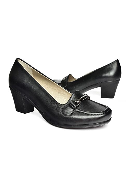 R908037103 Siyah Hakiki Deri Kalın Topuklu Kadın Ayakkabı - Görsel 4