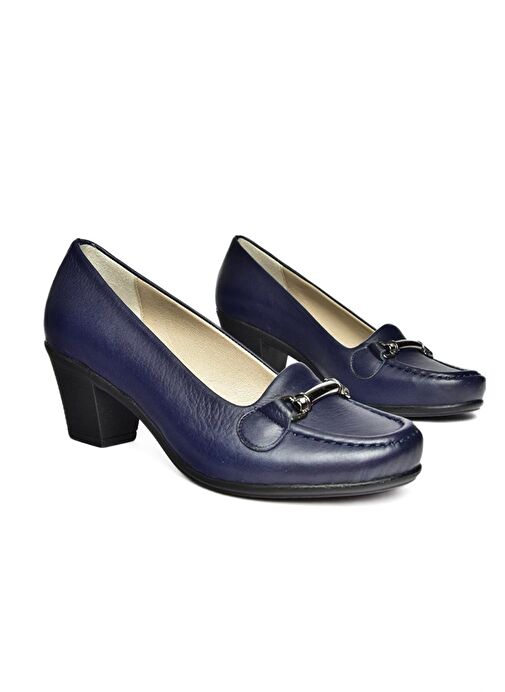 R908037103 Lacivert Hakiki Deri Kalın Topuklu Kadın Ayakkabı - Görsel 4