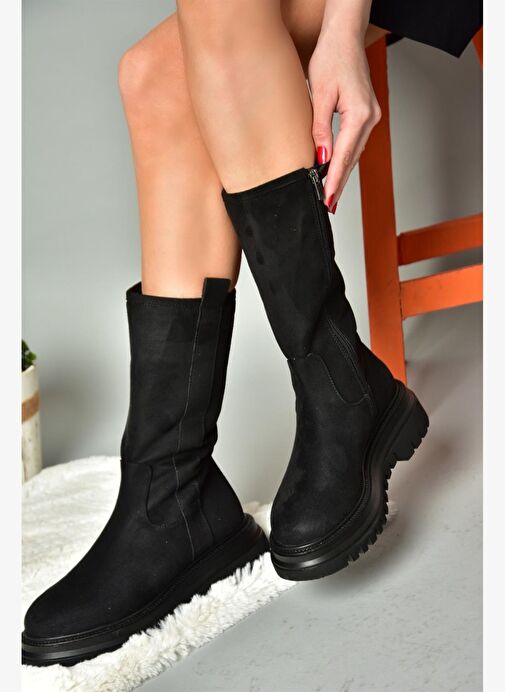 R312104902 Siyah Süet Kalın Tabanlı Kadın Çizme - Görsel 4