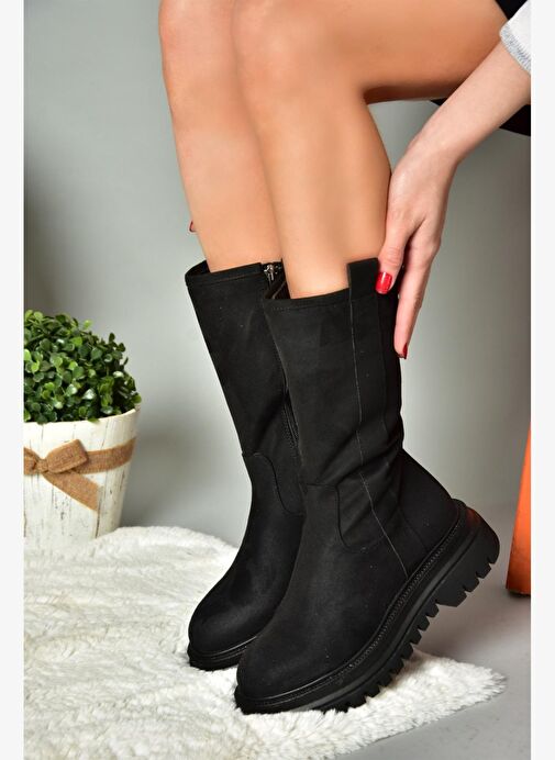 R312104902 Siyah Süet Kalın Tabanlı Kadın Çizme - Görsel 5