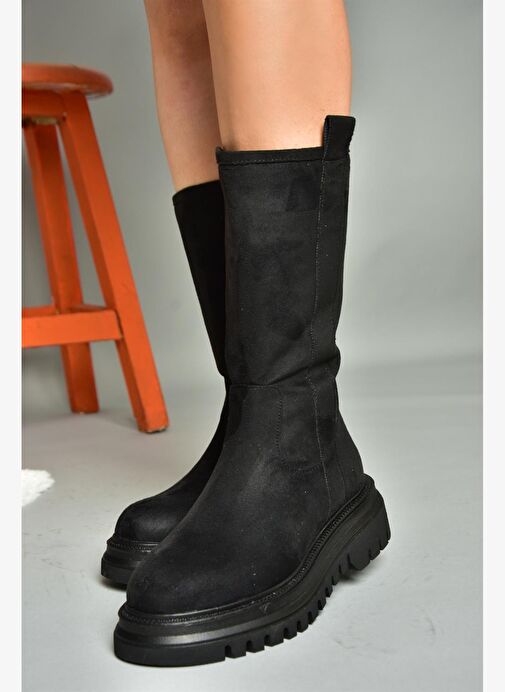 R312104902 Siyah Süet Kalın Tabanlı Kadın Çizme - Görsel 3