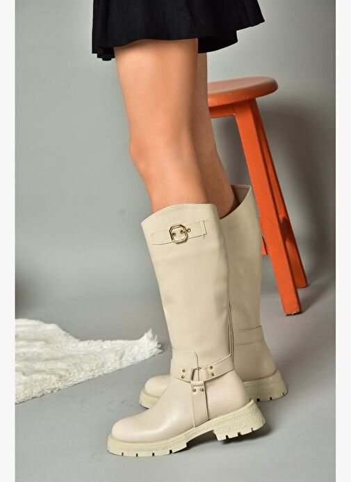 R518296309 Bej Fermuarlı Kadın Çizme - Görsel 5