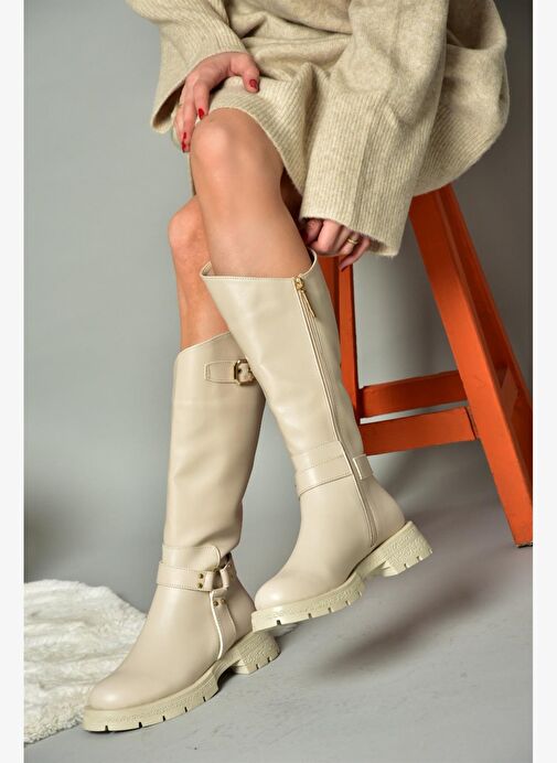 R518296309 Bej Fermuarlı Kadın Çizme - Görsel 6