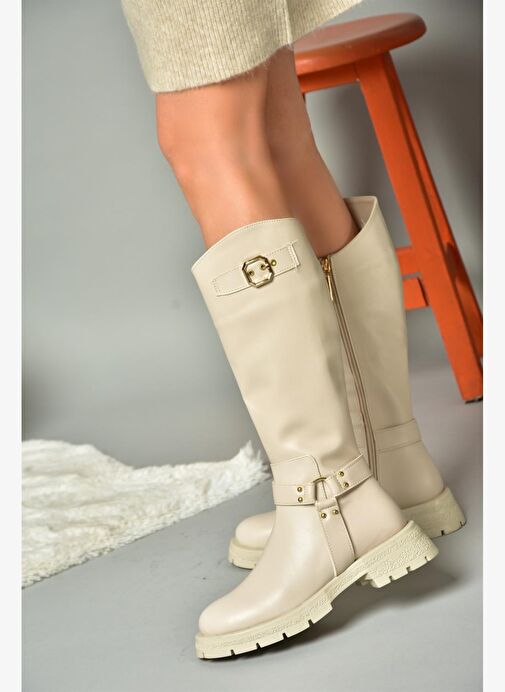 R518296309 Bej Fermuarlı Kadın Çizme - Görsel 2