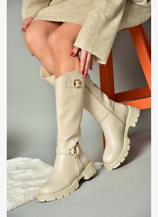 R518296309 Bej Fermuarlı Kadın Çizme - Görsel 4