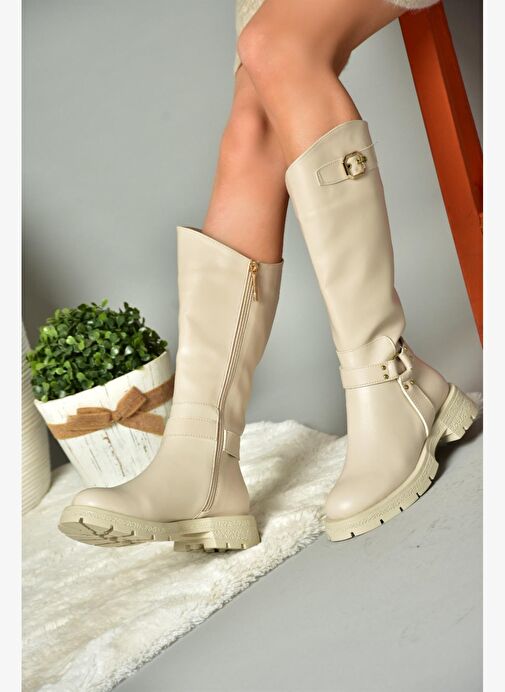 R518296309 Bej Fermuarlı Kadın Çizme - Görsel 7