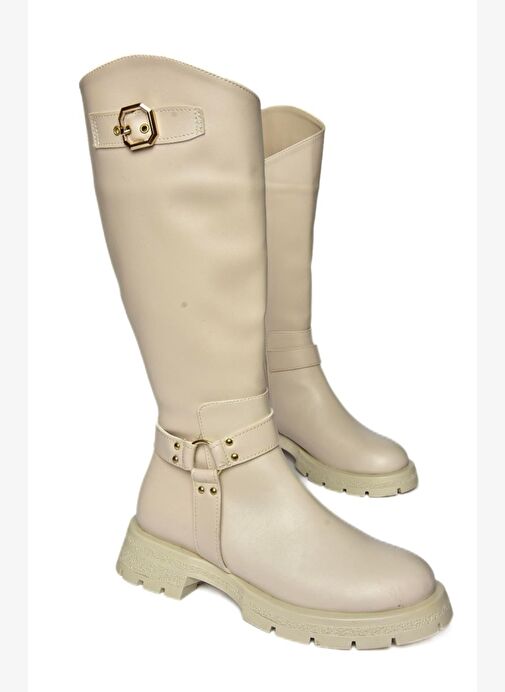 R518296309 Bej Fermuarlı Kadın Çizme - Görsel 8