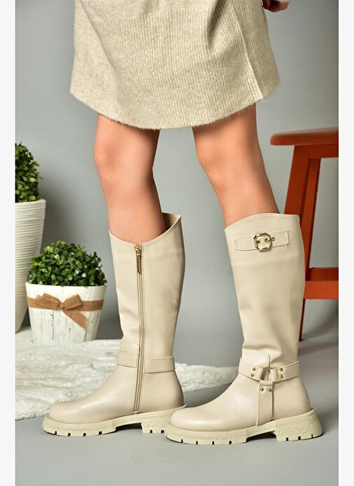 R518296309 Bej Fermuarlı Kadın Çizme - Görsel 3