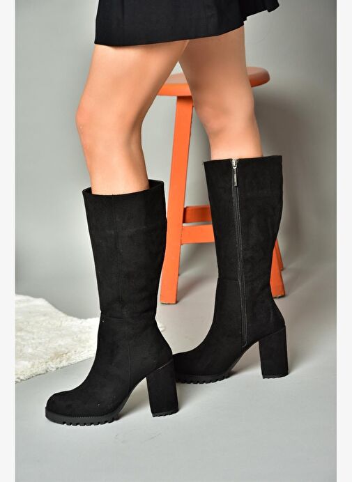 R518911402 Siyah Süet Kalın Topuklu Kadın Çizme - Görsel 4