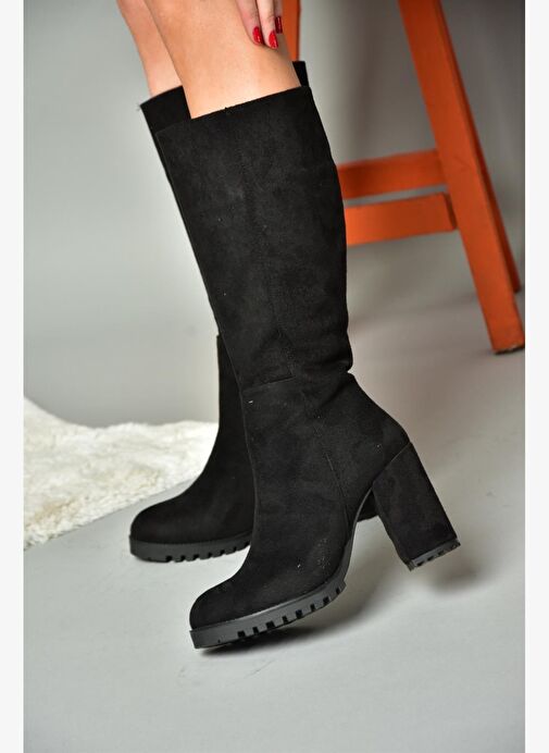 R518911402 Siyah Süet Kalın Topuklu Kadın Çizme - Görsel 5