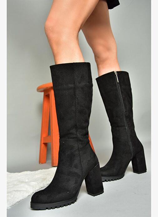 R518911402 Siyah Süet Kalın Topuklu Kadın Çizme - Görsel 2