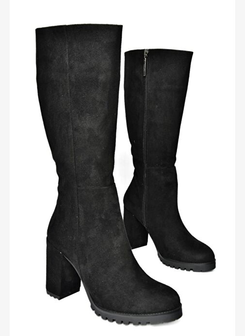 R518911402 Siyah Süet Kalın Topuklu Kadın Çizme - Görsel 7