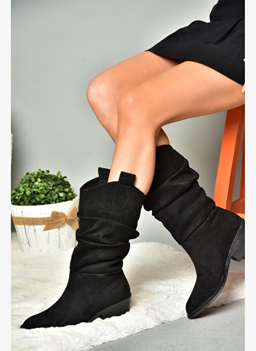 R280080502 Siyah Süet Alçak Topuklu Büzgülü Kadın Çizme - Görsel 2