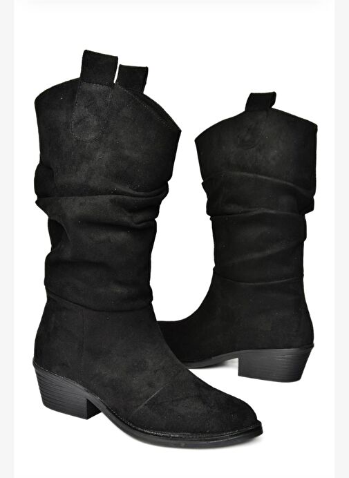 R280080502 Siyah Süet Alçak Topuklu Büzgülü Kadın Çizme - Görsel 9