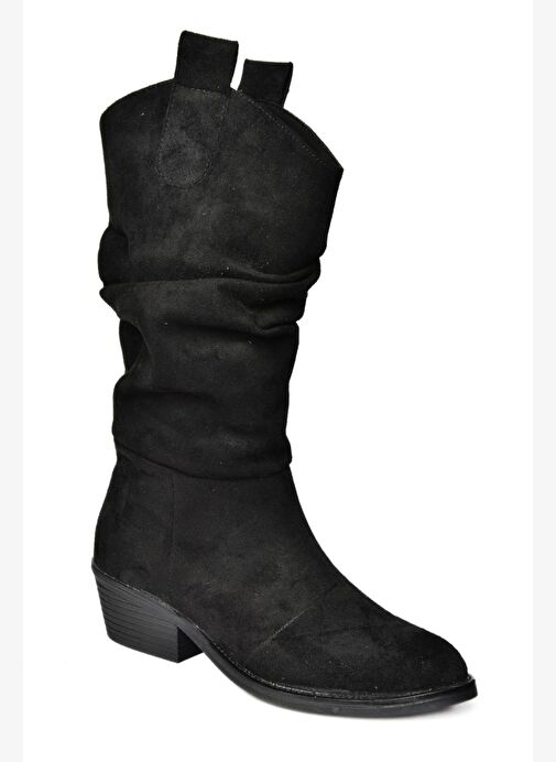 R280080502 Siyah Süet Alçak Topuklu Büzgülü Kadın Çizme - Görsel 7