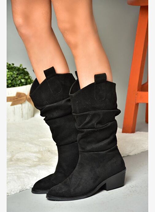 R280080502 Siyah Süet Alçak Topuklu Büzgülü Kadın Çizme - Görsel 5