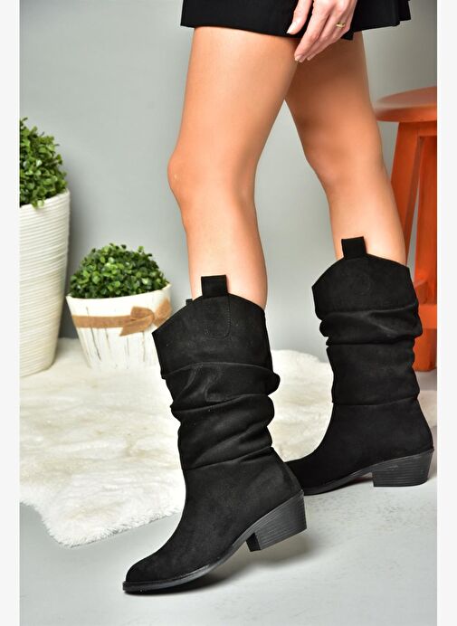 R280080502 Siyah Süet Alçak Topuklu Büzgülü Kadın Çizme - Görsel 4