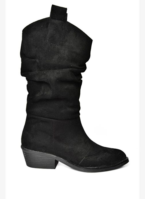 R280080502 Siyah Süet Alçak Topuklu Büzgülü Kadın Çizme - Görsel 8