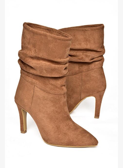 R404020302 Taba Süet İnce Topuklu Büzgülü Kadın Bot - Görsel 7