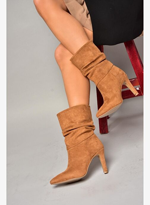 R404020302 Taba Süet İnce Topuklu Büzgülü Kadın Bot - Görsel 3