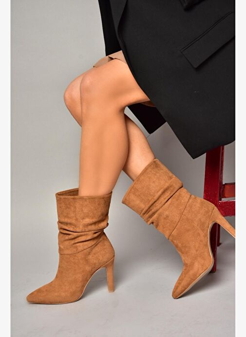 R404020302 Taba Süet İnce Topuklu Büzgülü Kadın Bot - Görsel 5