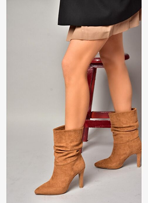 R404020302 Taba Süet İnce Topuklu Büzgülü Kadın Bot - Görsel 4